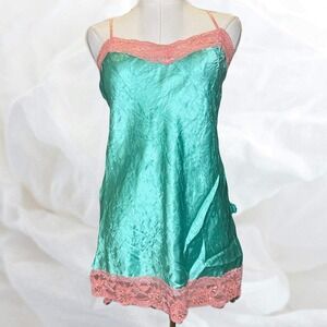 Y2K Crinkle Mini Slip – Turquoise w/ Pink Lace + Beading – Made in USA – S
